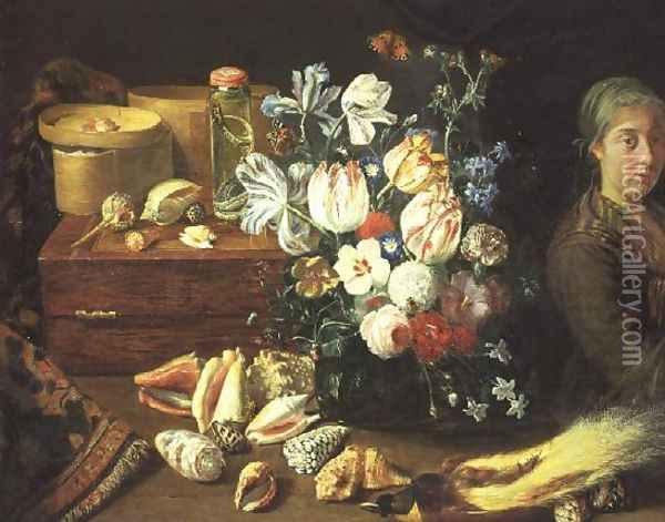 Still Life, flowers, shells, snakes, bird and a standing woman Oil Painting - Pieter Snyers