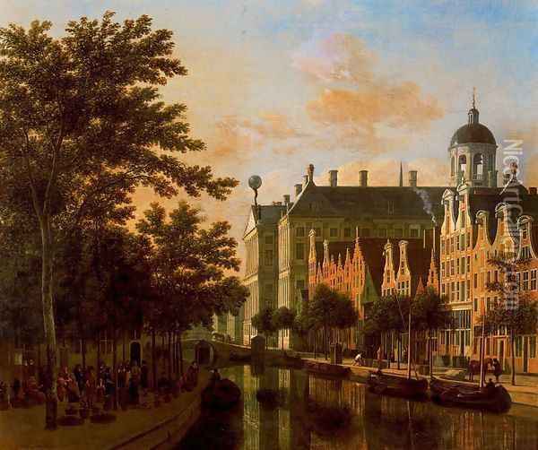 The Nieuwezijds Vooburgwal with the flower market in Amsterdam Oil Painting - Gerrit Adriaensz Berckheyde