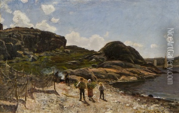 Children On A Shore Oil Painting - Berndt Adolf Lindholm