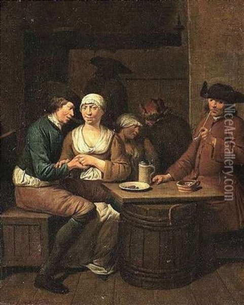 Tischgesellschaft In Einer Stude Pfeife Rauchendem Mann Oil Painting - Jan Baptist Lambrechts