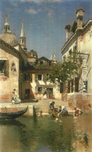 Children Bathing In A Canal Oil Painting - Martin Rico y Ortega