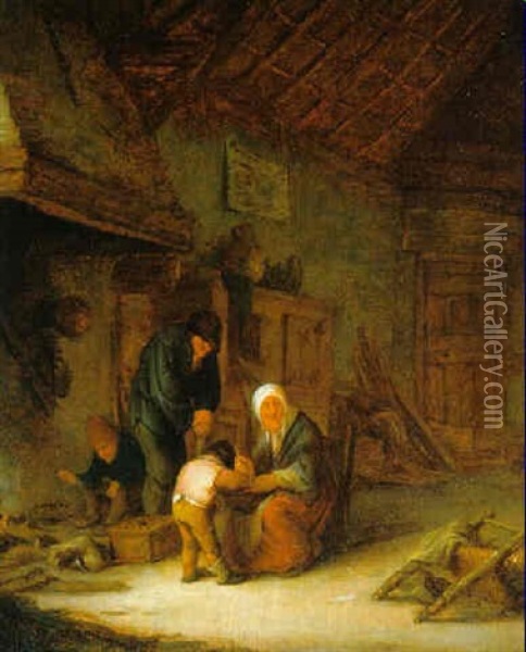 Eine Mutter Fuettert Ihren Sohn Im Inneren Eines Bauernhauses... Oil Painting - Adriaen Jansz van Ostade