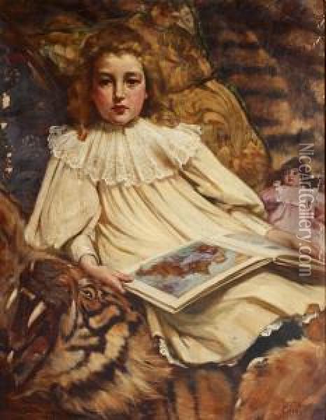 Young Girl With Doll And Picture Book Seated On A Tiger Skin Rug Oil Painting - Joseph Skelton