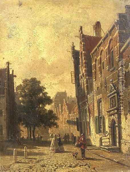 A town scene with elegant people strolling Oil Painting - Adrianus Eversen