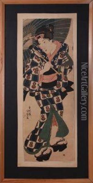 Geisha Mit Sonnenschirm Oil Painting - Kikugawa Eishin