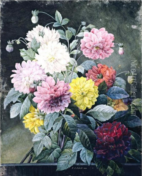 A Large Bouquet Of Dahlias Oil Painting - Pierre-Joseph Redoute