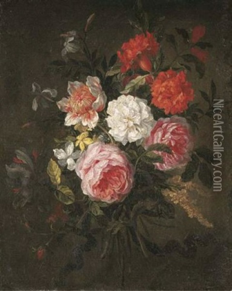 Roses, Carnations And Other Flowers Oil Painting - Nicolas de Largilliere