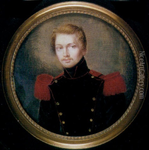 A Soldier Of The French Engineers, His Dark Blue Coat With Red Epaulettes. Black Lapels And Facings Piped With Red Oil Painting - Philippe Monnier