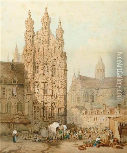The City Hall And Cathedral At Leuven In Belgium Oil Painting - Samuel Prout