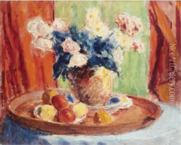Still Life With Vase Of Flowers And Fruit On A Tray Oil Painting - Roderic O'Conor
