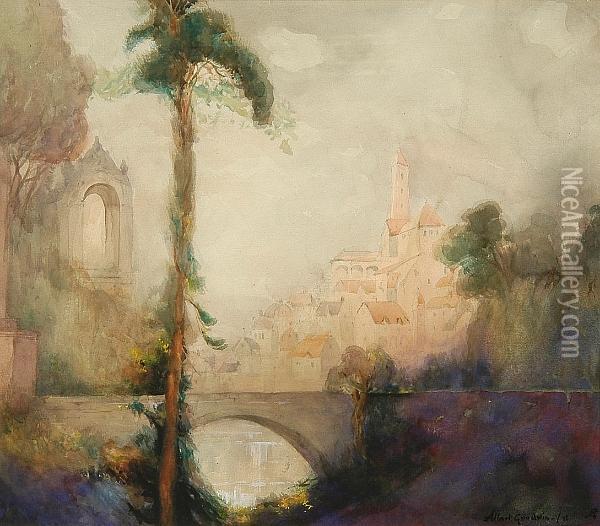 A View Over A Bridge Oil Painting - Albert Goodwin