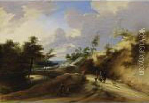 A Wooded Dune Landscape With 
Peasants Conversing On A Path, A Dog On The Side, Near A Pond Oil Painting - Lodewijk De Vadder