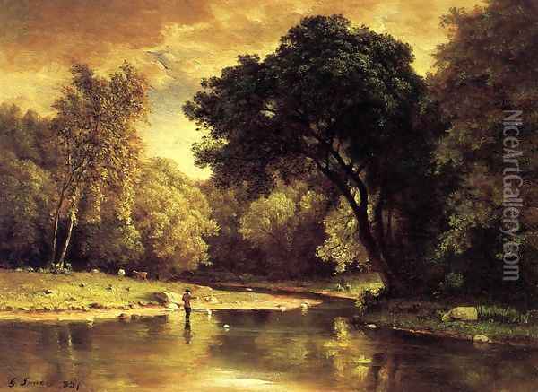 Fisherman In A Stream Oil Painting - George Inness