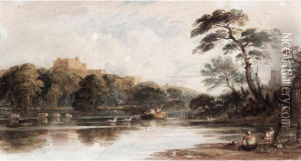 Figures On The Bank Of The Thames With A Castle On A Hill Top Beyond Oil Painting - John Varley