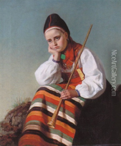 Ung Kvinna I Rattviksdrakt Oil Painting - Jenny Nystroem