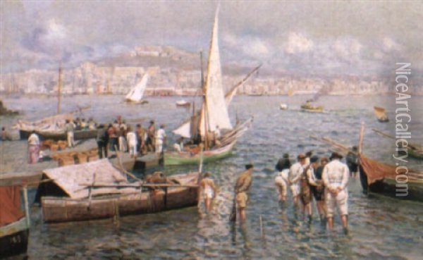 A View Of Naples From The Sea Oil Painting - Attilio Pratella