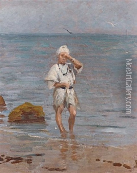Enfant Au Turban Dans Les Vagues Oil Painting - Leonce J. V. de Joncieres