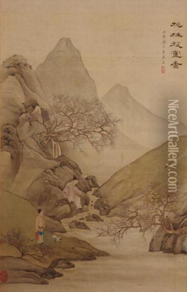 Figures In A Landscape Oil Painting - Qing Dynasty, Qianlong Period