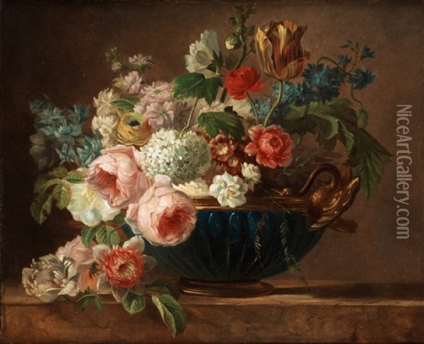 Still Life With Roses, Primulas, Ranunculus, Hollyhocks An Other Flowers Oil Painting - Pieter Faes