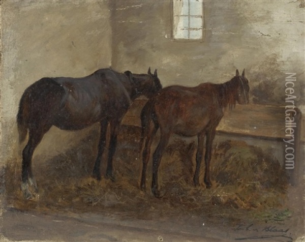 Zwei Pferde An Der Stallkrippe Oil Painting - Julius von Blaas