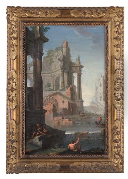 Paesaggio Lacustre Con Capriccio Architettonico E Figure Oil Painting - Pietro Paltronieri