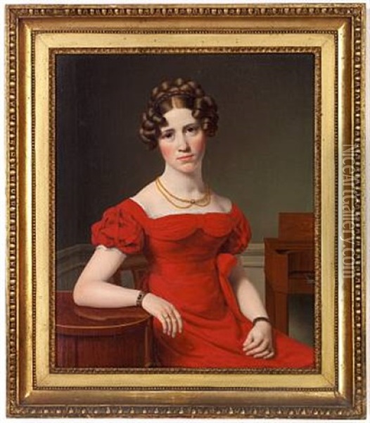 Portrait Of Louise Christiane Fugl In A Red Dress With White Lace, Double Necklace, Brown Hair Taken Up Oil Painting - Christoffer Wilhelm Eckersberg