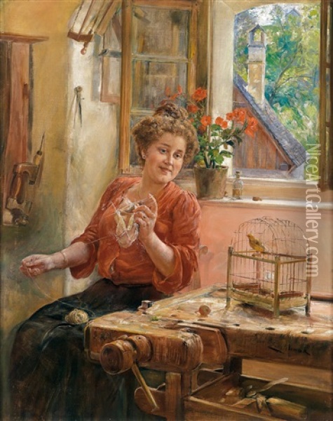 Strickende Dame Am Fenster Mit Kanarienvogel Oil Painting - Ernst Nowak