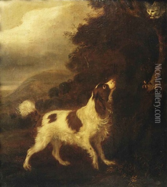 An English Springer Spaniel And A Grey Cat In A Landscape Oil Painting - Adriaen Cornelisz Beeldemaker