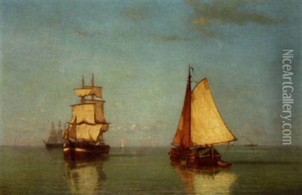 Two Sailing Vessels In A Calm Sea Oil Painting - Paul Jean Clays