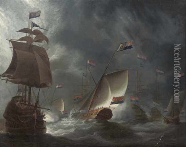 The Dutch Fleet Firing A Salute Oil Painting - Johan (J. C.) van der Hagen