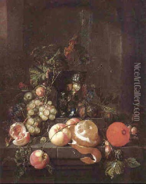 Still Life Of A Roemer, Glass, Fruit, Vines, Nuts, On A Stone Ledge Within A Stone Niche Oil Painting - Cornelis De Heem