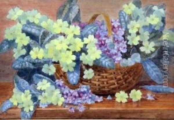 Still Life Study Of Flowers In A Basket Oil Painting - Edith Isabel Barrow