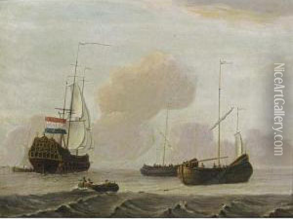 A Dutch Ship And Two Fishing Boats In A Moderate Breeze At Sea Oil Painting - Adam Silo