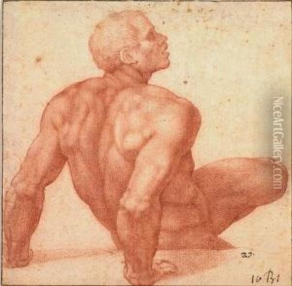 The Seated Figure Of A Saved Soul<</b> Oil Painting - Rancesco De' Rossi (see Salviati, Cecchino Del)