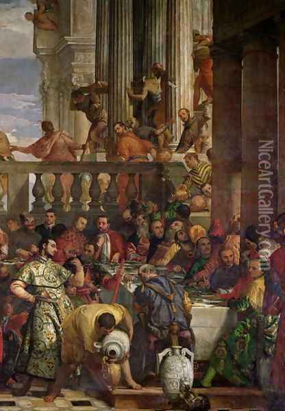 The Marriage Feast at Cana, detail of the right hand side, c.1562 Oil Painting - Paolo Veronese (Caliari)