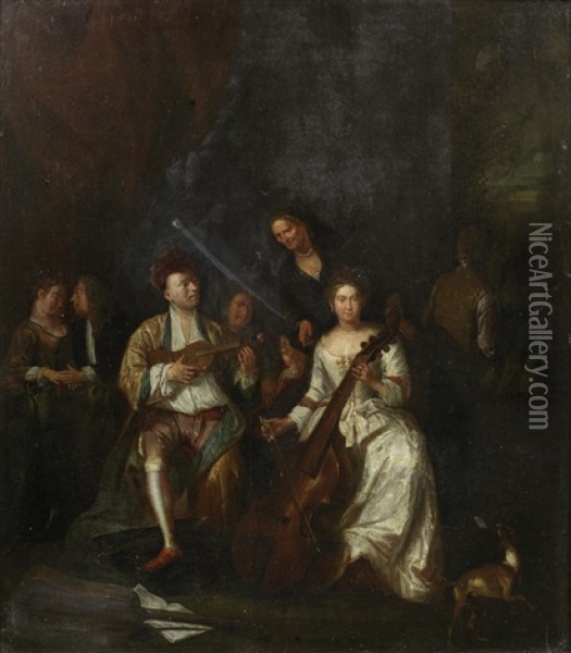 Figures In An Interior Playing Stringed Instruments Oil Painting - Pieter Angillis