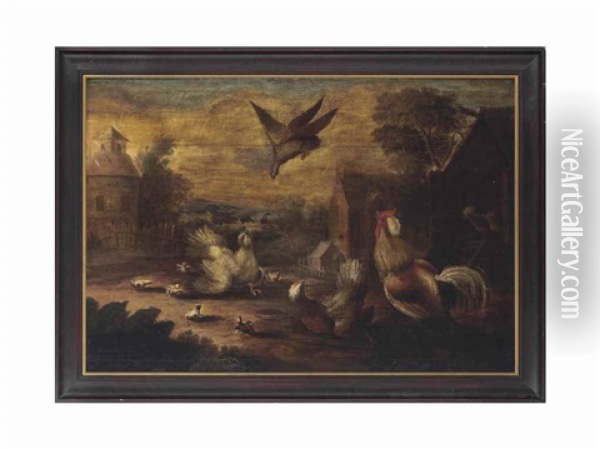 A Farmyard Scene With Chicken, Chicks And A Cockerel, An Eagle Approaching, Landscape With Windmill Beyond Oil Painting - Melchior de Hondecoeter