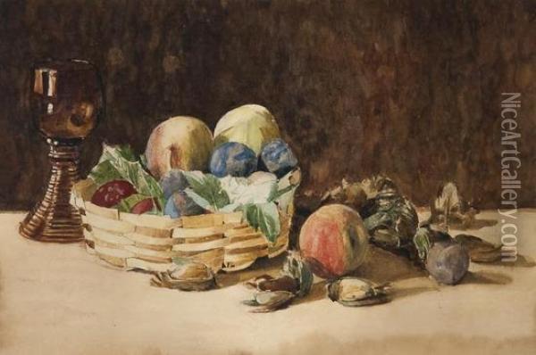 Still Life Of A Goblet, And Fruit And Cobnuts In A Basket Oil Painting - Charles Maurice Detmold