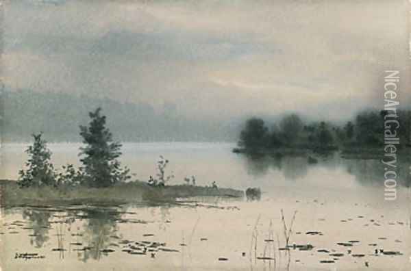 Misty Lake Oil Painting - Russian School