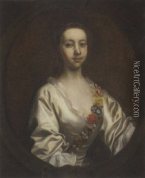Portrait Of Lucia Blithe In A White Dress And Flower Garland Oil Painting - Joseph Highmore