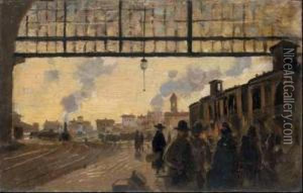 La Stazione Centrale A Milano Oil Painting - Angelo Morbelli