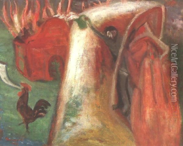 Burning Synagogue 1938 Oil Painting - Gyula Hincz