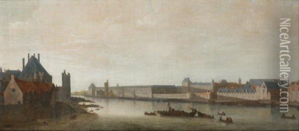La Seine Vue Vers L'aval Depuis La Partie Sud Du Pont-neuf, Au Soleil Couchant Oil Painting - Abraham de Verwer