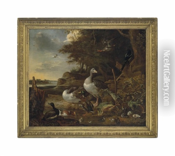 A Wooded Landscape With Geese, Mallard Ducks, A Teal And Other Ducks With Ducklings And A Magpie By A Pond, A Lake Beyond Oil Painting - Melchior de Hondecoeter
