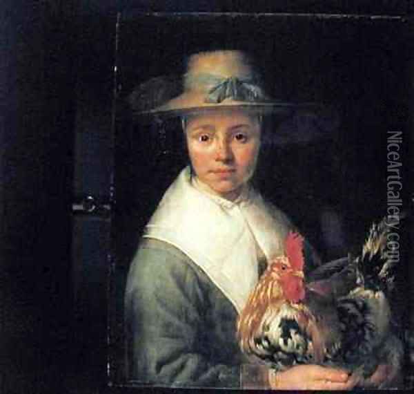 Girl with a Rooster Oil Painting - Jacob Gerritsz. Cuyp
