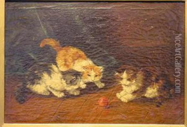 Playful Kittens Oil Painting - F. Krantz