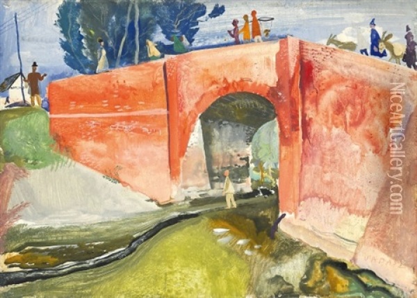 Red Bridge Oil Painting - Endre Vadasz