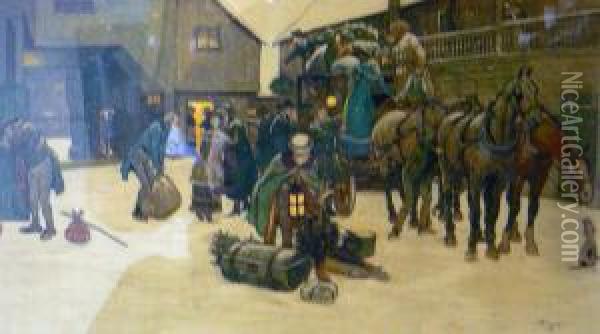 The Christmas Coach, The Arrival At The Inn Oil Painting - Cecil Charles Aldin