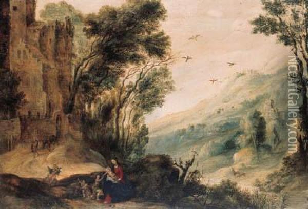An Extensive Landscape With The Rest On The Flight Into Egypt Oil Painting - Gysbrecht Lytens