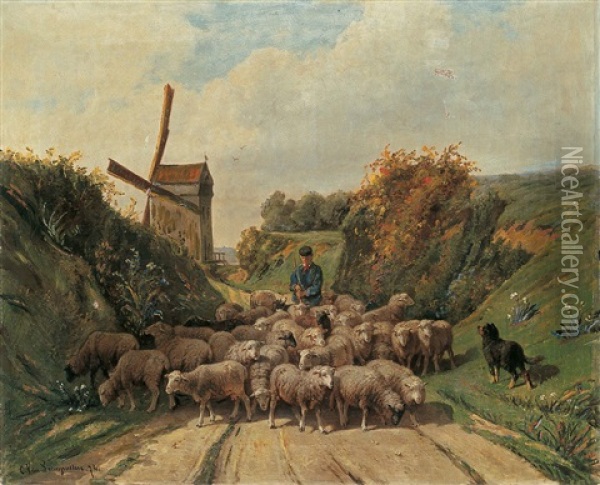 Landschaft Mit Schafherde Und Windmuhle Oil Painting - Cornelis van Leemputten